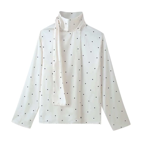 Blouse à Manches Longues et Col Écharpe à Pois pour Femmes Satin Col à Nouer Chemise Pullover Élégante Top Bureau Mode