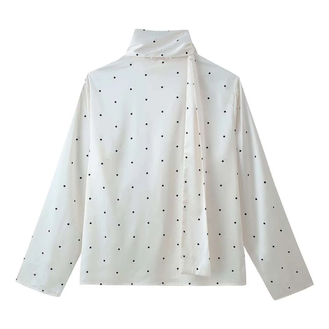 Blouse à Manches Longues et Col Écharpe à Pois pour Femmes Satin Col à Nouer Chemise Pullover Élégante Top Bureau Mode