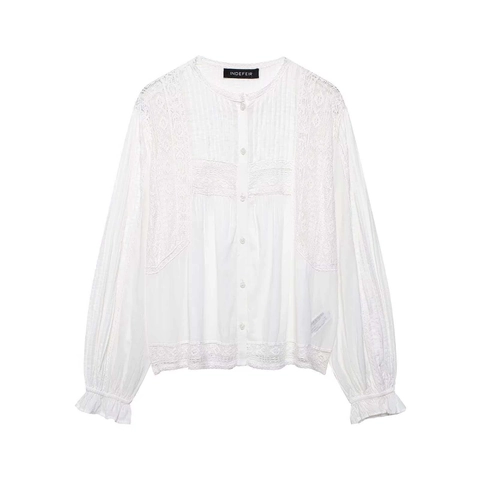 Camicetta da Donna Bianca con Ricami in Pizzo Manica Lunga Piegghettata Girocollo Polsino con Volant Stile Boho