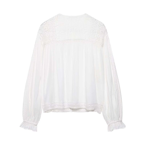 Camicetta da Donna Bianca con Ricami in Pizzo Manica Lunga Piegghettata Girocollo Polsino con Volant Stile Boho