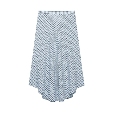 Damen Hellblau Karierter Midirock Asymmetrischer Saum Hohe Taille A-Linien-Rock Mit Dekorativen Knöpfen Mode Lässiger Rock