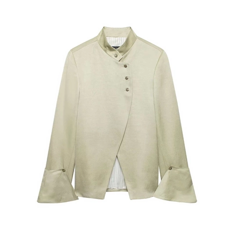 Women Elegant Sage Green Stand Collar Shirt Asymmetric Metal Button Bell Sleeve Top Casual Blouse Minimalist Jacket