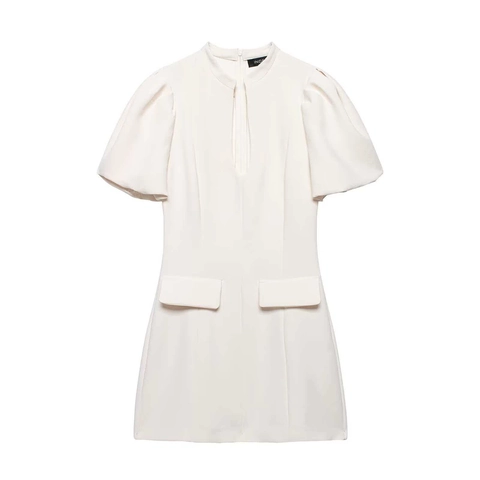 Vestido Mini Elegante de Cuello Redondo con Mangas Abullonadas para Mujer Corte Ajustado con Bolsillos de Solapa Color Sólido Moda de Verano