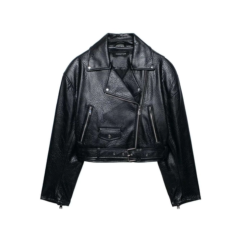 Dames Zwart Kunstleer Bikerjas Verkort Moto Jas Met Metalen Ritsen En Riem Gekorrelde Textuur Punk Stijl Bovenkleding
