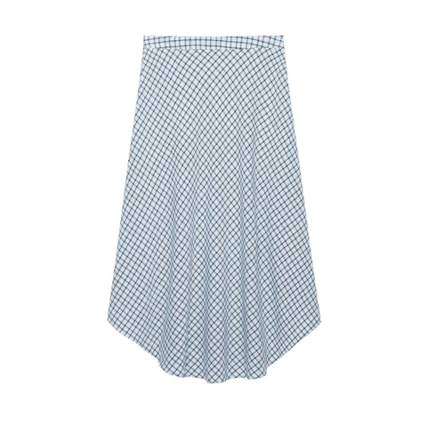 Damen Hellblau Karierter Midirock Asymmetrischer Saum Hohe Taille A-Linien-Rock Mit Dekorativen Knöpfen Mode Lässiger Rock