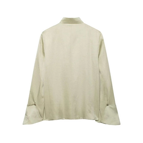Women Elegant Sage Green Stand Collar Shirt Asymmetric Metal Button Bell Sleeve Top Casual Blouse Minimalist Jacket