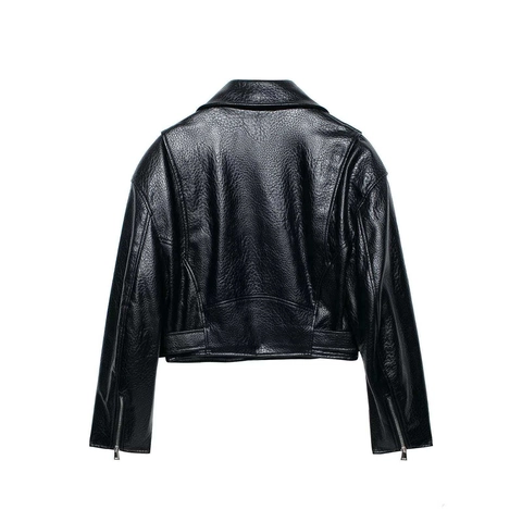 Dames Zwart Kunstleer Bikerjas Verkort Moto Jas Met Metalen Ritsen En Riem Gekorrelde Textuur Punk Stijl Bovenkleding