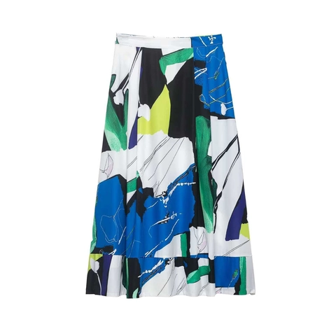 Women High Waist Abstract Art Print Midi Skirt A-Line Pleated Commuter Casual Polyester Skirt