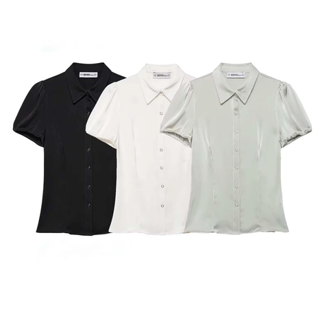Camicia da Donna Elegante in Raso con Maniche a Sbuffo Revers Monopetto Camicetta a Maniche Corte Tinta Unita Top Pendolare per l'Estate