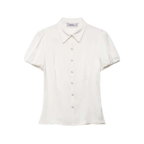Camicia da Donna Elegante in Raso con Maniche a Sbuffo Revers Monopetto Camicetta a Maniche Corte Tinta Unita Top Pendolare per l'Estate