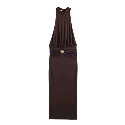 Women Halter Neck Ruched Dress Sexy Sleeveless Midi Dress With Metal Buckle Elegant Bodycon Cocktail Party Clubwear Dress