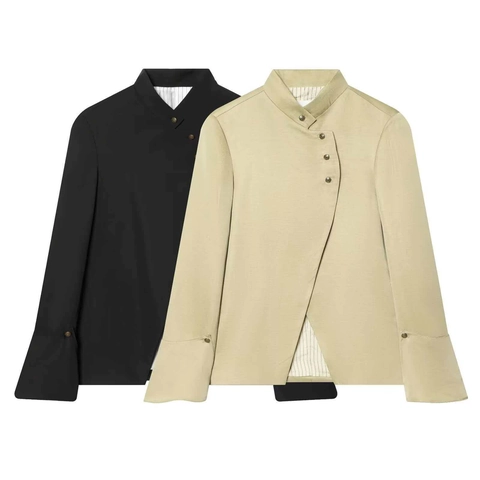Dames Opstaande Kraag Asymmetrische Blazer Jas Slim Fit Lange Mouw Metalen Knoppen Gestreepte Voering Casual Kantoor Kostuum Bovenkleding