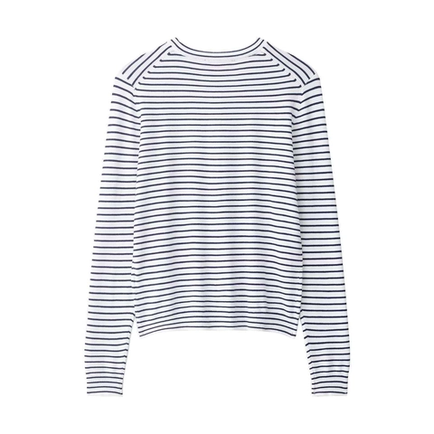Lässige Blau Weiß Gestreifte Langarm Strickjacke Damen Rundhalsausschnitt Einreihig Lockerer Pullover Top Für Den Alltag