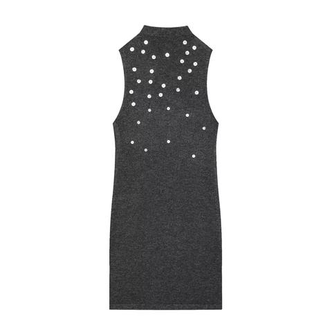 Abito da Donna Elegante Grigio Scuro Senza Maniche in Maglia Mini Abito Con Bottoni Decorativi Lupetto Slim Fit Party