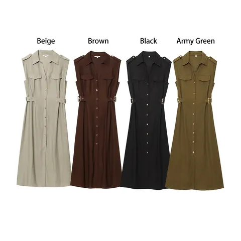 Damen Ärmellos Revers Knopfleiste Utility Midi Kleid Mit Taillenriegel Doppel Taschen Lässig Cargo Stil Einfarbig A-Linie