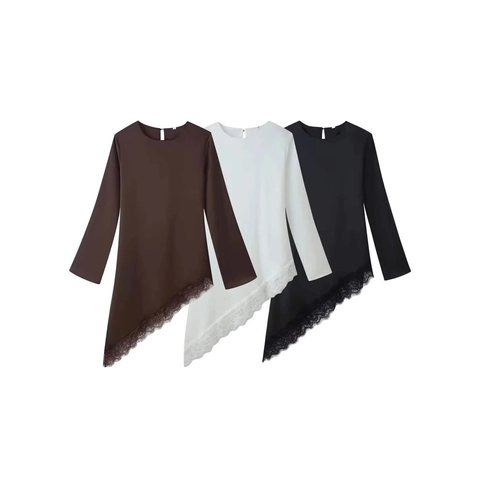 Women's Elegant Round Neck Long Sleeve Lace Patchwork Top Asymmetric Hem Solid Color Casual Blouse Base Layer Shirt