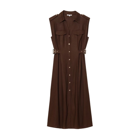 Damen Ärmellos Revers Knopfleiste Utility Midi Kleid Mit Taillenriegel Doppel Taschen Lässig Cargo Stil Einfarbig A-Linie