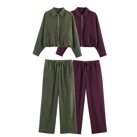 Conjunto De Dos Piezas De Chaqueta Bomber Lisa Y Pantalones De Pata Ancha Para Mujer Informal Con Solapa Y Cremallera