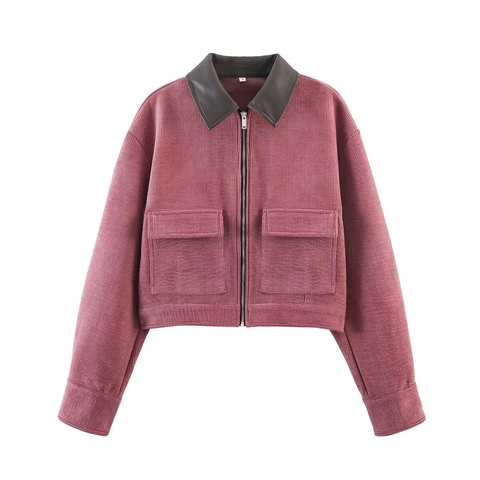 Chaqueta de Patchwork de Pana Vintage para Mujer Manga Larga Rosa Seca Ropa de Abrigo Informal Con Abrigo de Cuello de Cuero en Contraste