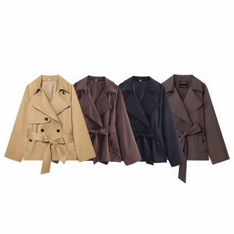 Dames Dubbele Knoopsluiting Halflange Trenchcoat Met Riem Slim Fit Effen Kleur Revers Windjack Herfst Bovenkleding