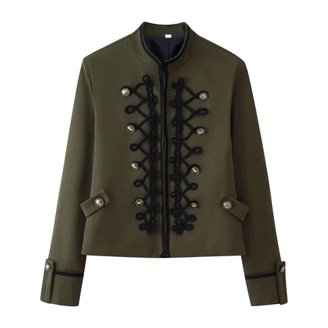 Damen Vintage Militärstil Kurz Blazer Jacke Mit Posamentenverschlüsse Metallknöpfe Stehkragen Schulterpolster Herbst Outerwear