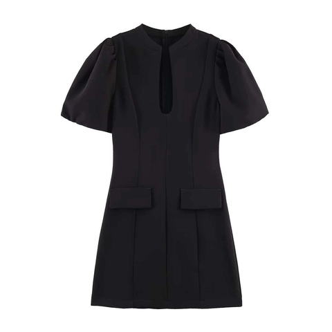 Vestito Mini Nero a Maniche a Sbuffo Elegante Estivo da Donna Sexy con Intaglio Anteriore Corto a Trapezio da Festa