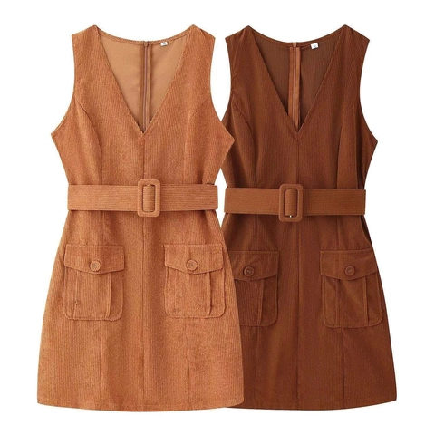 Women Vintage Corduroy Sleeveless Mini Dress V Neck Belted Waist Slim Fit Casual Tank Dress With Pockets A-Line Sundress