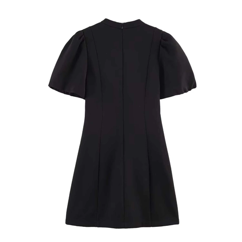Vestito Mini Nero a Maniche a Sbuffo Elegante Estivo da Donna Sexy con Intaglio Anteriore Corto a Trapezio da Festa