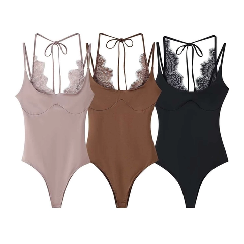 Γυναικείο Σέξι Patchwork Bodysuit με Δαντέλα Δέσιμο στο Λαιμό Slim Fit Σπαγγέτι Τιράντες Πλεκτό Jumpsuit για Καλοκαιρινό Πάρτι