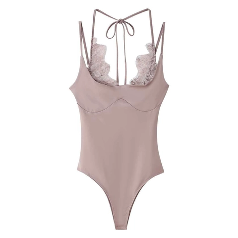 Γυναικείο Σέξι Patchwork Bodysuit με Δαντέλα Δέσιμο στο Λαιμό Slim Fit Σπαγγέτι Τιράντες Πλεκτό Jumpsuit για Καλοκαιρινό Πάρτι