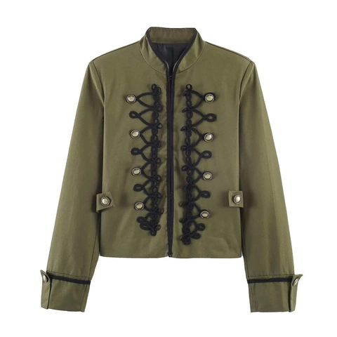 Veste Blazer Femme Style Militaire Col Montant Vintage Brandebourg Boutons Métalliques Vert Olive Épaulières Manteau