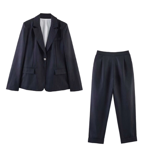 Dames Krijtstreep Blazer En Broek Kostuum Set Marineblauw Inkeping Revers Eén Knoop Kantoor Pendelen Professionele Tweedelige Outfit
