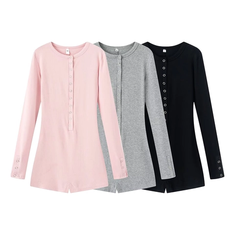 Combishort Côtelé à Manches Longues pour Femmes Col Rond Boutonné Devant Coupe Ajustée Couleur Unie Polyester Tricoté Style Français