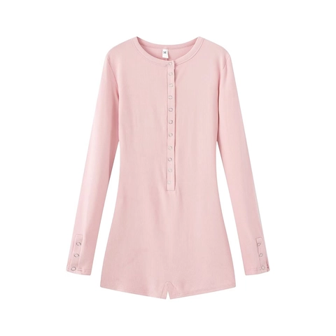 Combishort Côtelé à Manches Longues pour Femmes Col Rond Boutonné Devant Coupe Ajustée Couleur Unie Polyester Tricoté Style Français