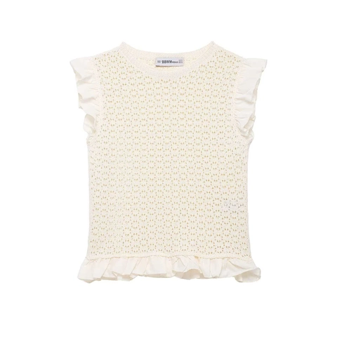 Chaleco de Punto Pointelle Calado Elegante para Mujer Sin Mangas Cuello Redondo Dobladillo con Volantes Camiseta Vintage Francés Color Sólido