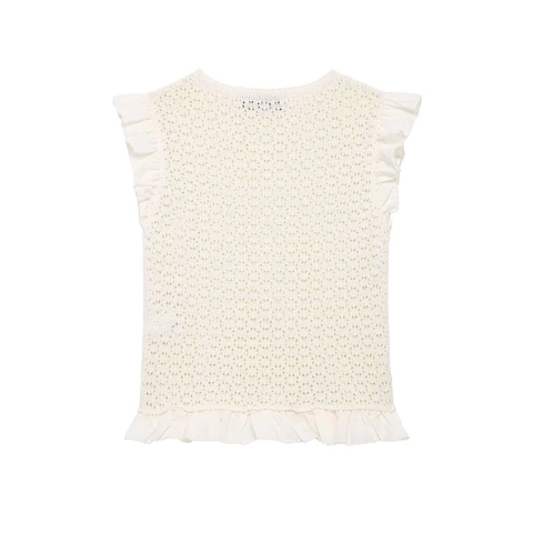 Chaleco de Punto Pointelle Calado Elegante para Mujer Sin Mangas Cuello Redondo Dobladillo con Volantes Camiseta Vintage Francés Color Sólido
