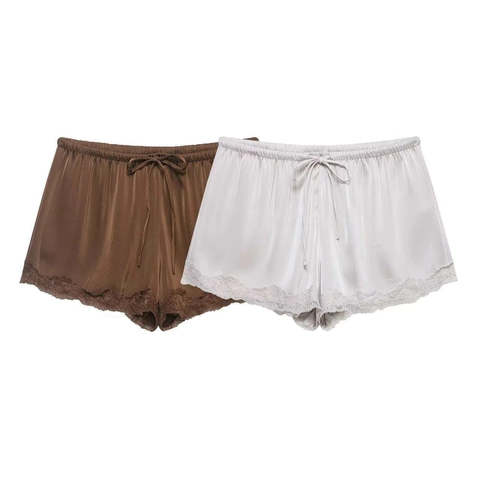 Women's Casual Satin Shorts With Lace Trim Elastic Waist Drawstring Sleepwear Home Wear Basic Solid Color Shorts