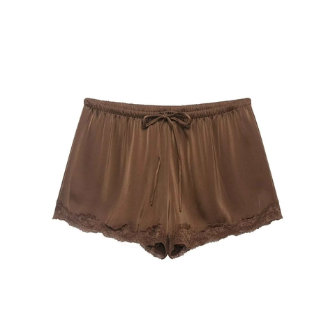 Women's Casual Satin Shorts With Lace Trim Elastic Waist Drawstring Sleepwear Home Wear Basic Solid Color Shorts