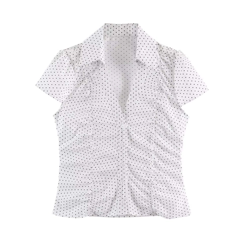 Women Vintage Ruched V Neck Short Sleeve Button Down Shirt Retro Polka Dot Solid Polyester Commuting Blouse Summer Tops