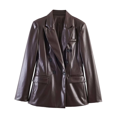 Dames Double Breasted PU-Leren Blazer Slim Fit Lange Mouwen Kunstleren Pakjas Revers Herfst Kantoor Bovenkleding
