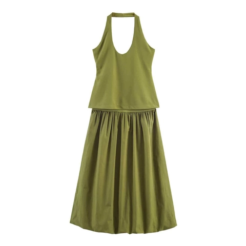 Conjunto de Top con Cuello Halter y Falda Midi Plisada para Mujer Verde Oliva Minimalista Ajuste Delgado Sin Mangas Color Sólido para Banquete Fiesta