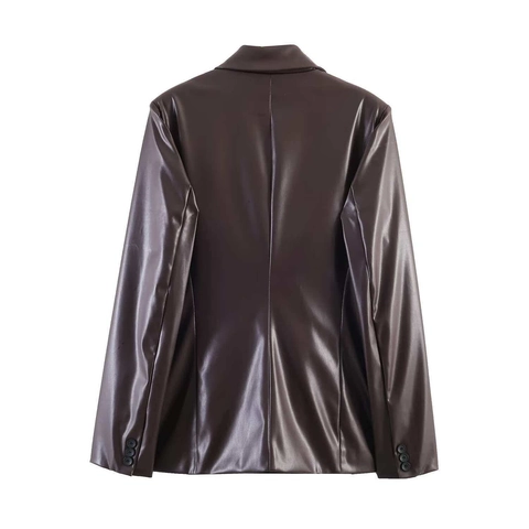 Dames Double Breasted PU-Leren Blazer Slim Fit Lange Mouwen Kunstleren Pakjas Revers Herfst Kantoor Bovenkleding