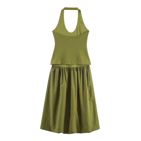 Conjunto de Top con Cuello Halter y Falda Midi Plisada para Mujer Verde Oliva Minimalista Ajuste Delgado Sin Mangas Color Sólido para Banquete Fiesta