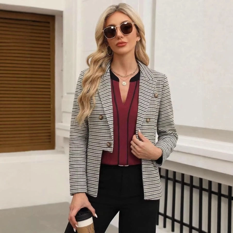 Vintage Hahnentritt Zweireihig Blazer Damen Grau Asymmetrisch Anzugjacke Büro Dame Casual Langarm Top Oberbekleidung