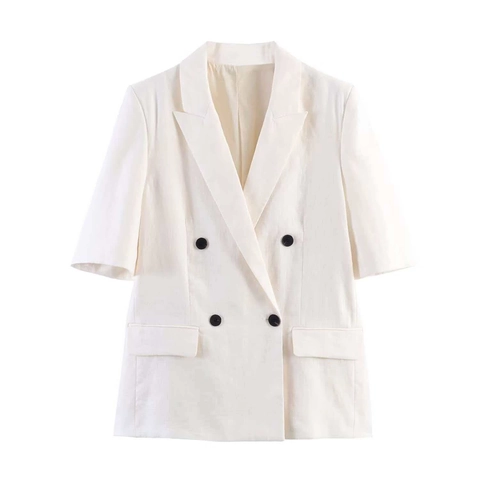 Dames Casual Linnen Korte Mouw Blazer Double-breasted Revers Zomer Kantoorjas Beige Effen Kleur Top