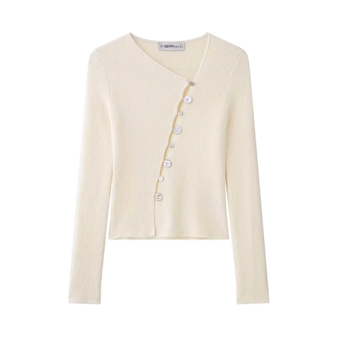 Damen Elegant Off-White Asymmetrisch Knopf Gerippt Strickpullover V-Ausschnitt Slim Fit Langarm Pendler Strickjacke Top
