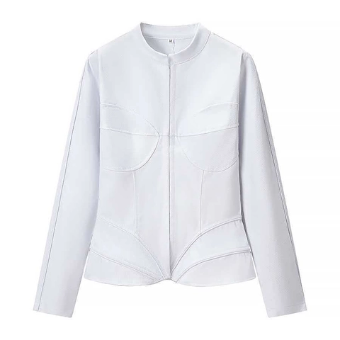 Women Slim Fit Stand Collar Zipper Jacket Solid Color Long Sleeve Corset Style Irregular Hem Polyester Outerwear Top