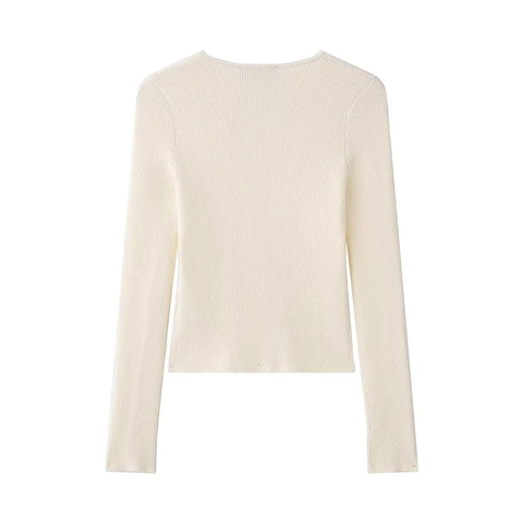 Damen Elegant Off-White Asymmetrisch Knopf Gerippt Strickpullover V-Ausschnitt Slim Fit Langarm Pendler Strickjacke Top