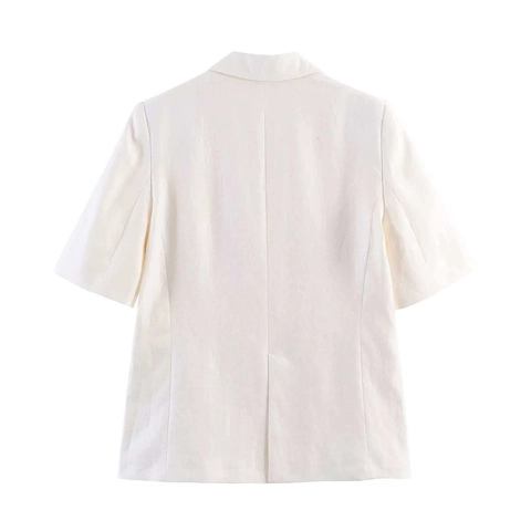 Dames Casual Linnen Korte Mouw Blazer Double-breasted Revers Zomer Kantoorjas Beige Effen Kleur Top