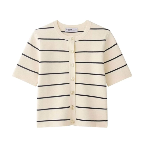 Damen Gestreifte Kurzarm Strickjacke Und Minirock Outfit Sommer Rundhals Goldene Knöpfe Casual Chic Für Damen